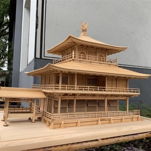 中式东阳木雕摆件古建筑金阁寺木制模型悬挂吊装倒影酒店软装饰品