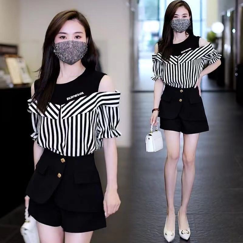 短袖雪纺衫女2024新款假两件露肩上衣夏季遮肚子显瘦时尚洋气衬衫