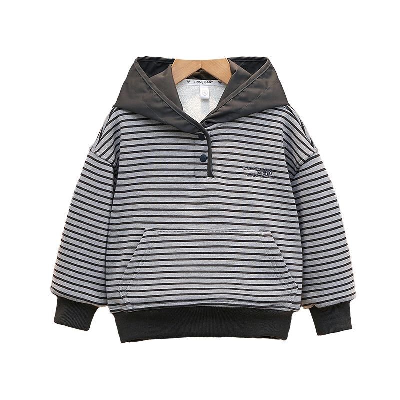 男童条纹卫衣加绒连帽秋冬款2024新款洋气宝宝外套一体绒儿童上衣
