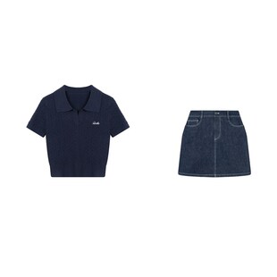 乔拉【布鲁学院】小个子套装蓝色Polo领短袖T恤上衣a版半身裙子女
