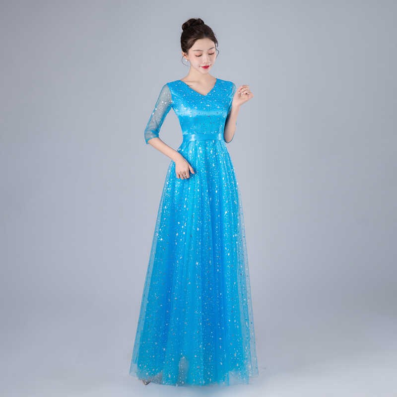 星空大合唱演出服女长裙成人合唱团主持人晚礼服学生红歌比赛服装