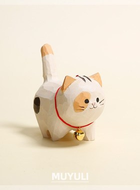 手工木雕迷你猫咪办公电脑桌面摆件小猫招财猫七夕生日礼物情人节