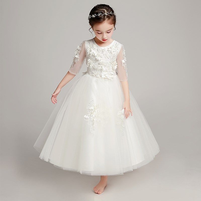 女童晚礼服裙女孩婚纱长款儿童公主裙小花童主持人钢琴演出服长袖