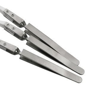 不锈钢反差镊子 防磁防酸精密夹持尖头弯头 银色柄夹持陶瓷镊子