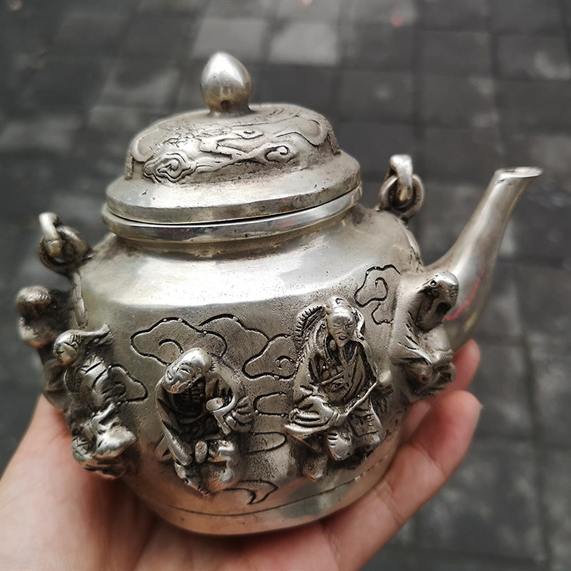 古玩铜器收藏仿古白铜精致八仙人物茶壶酒壶摆件家居铜壶饰品摆设