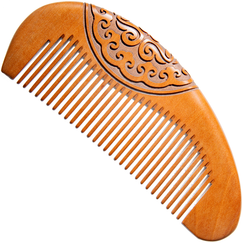 郎府天然老桃木梳子整木雕花款顺发细齿梳便携旅行梳护发造型梳檀