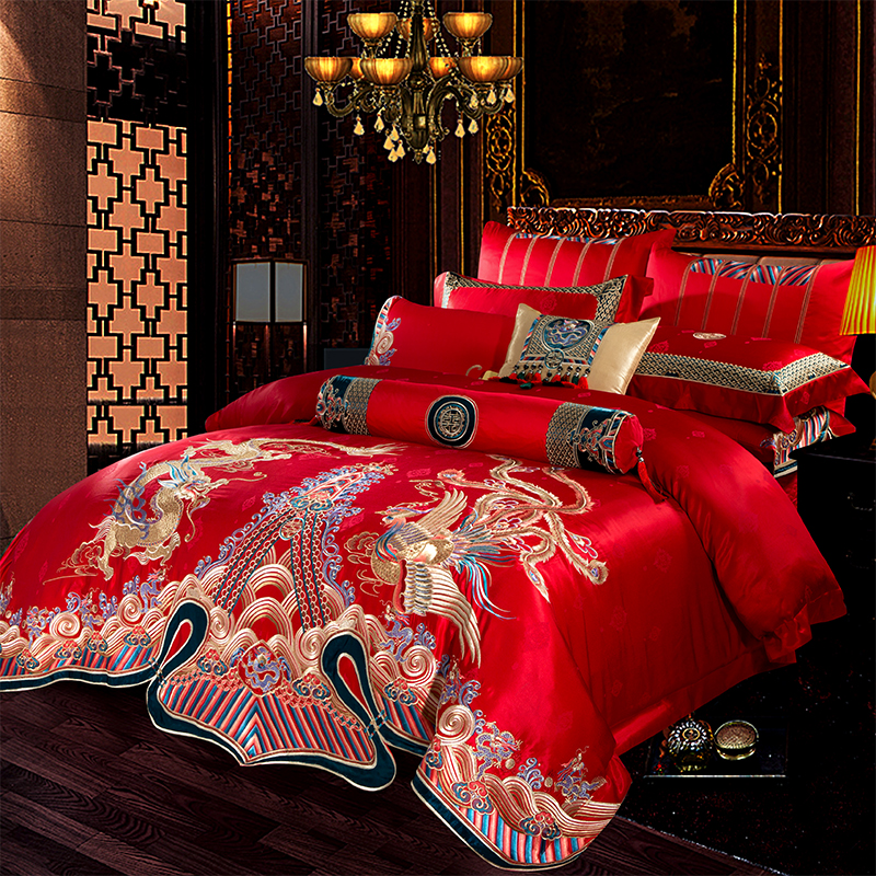 欧式大红色婚庆牀上用品十件套 贡缎提花六八件套 奢华样板房四件