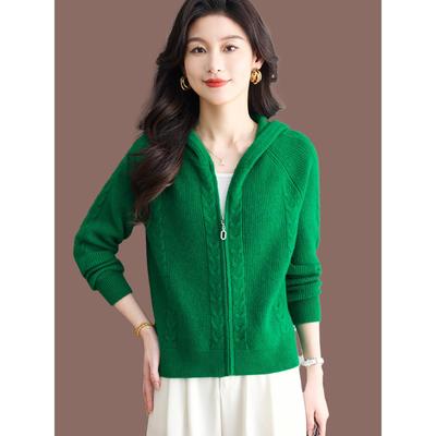 短款拉链毛衣外套女早春装2025新款连帽外搭上衣羊毛针织开衫春秋