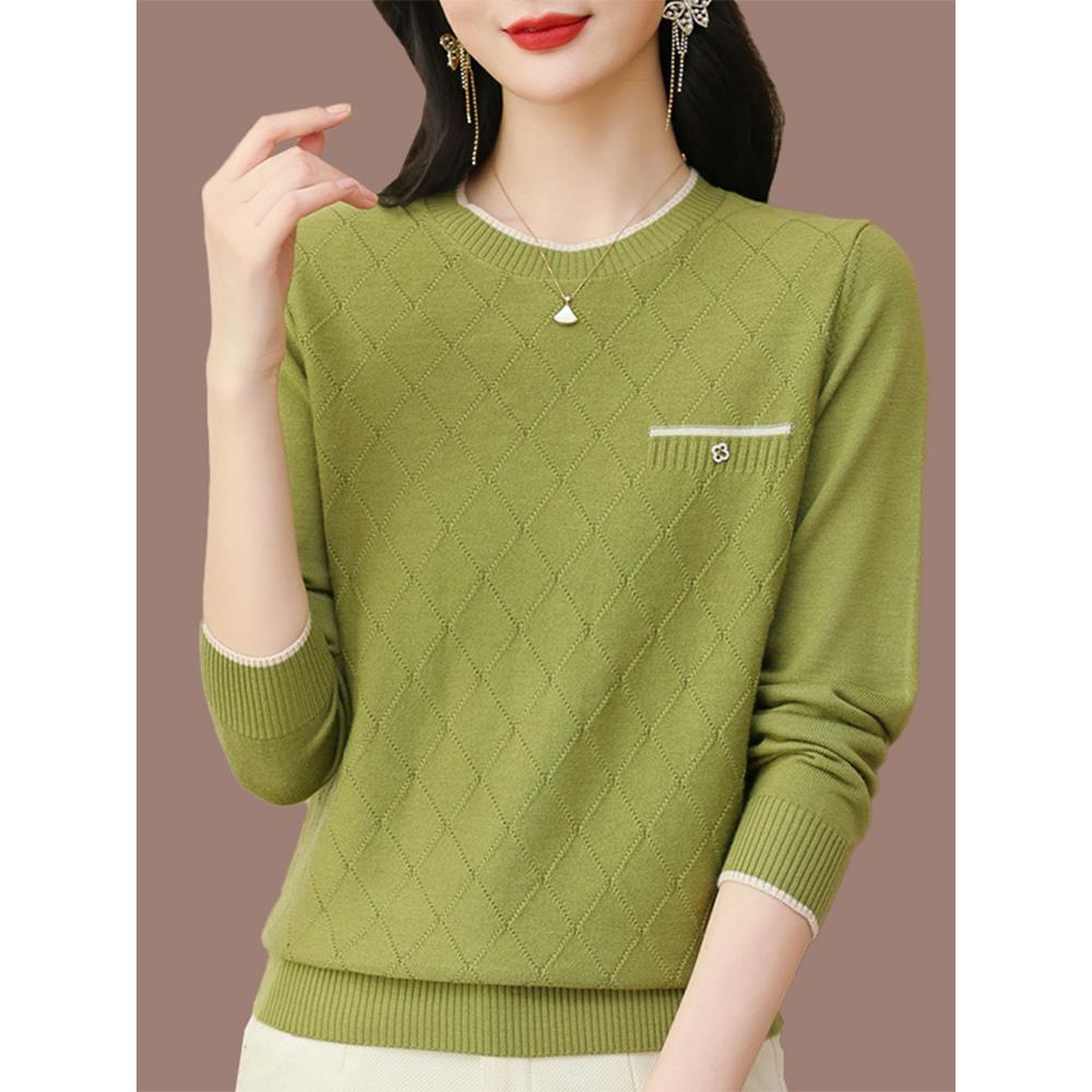 中年妈妈春秋新款长袖T恤女宽松大码洋气小衫薄款圆领针织打底衫