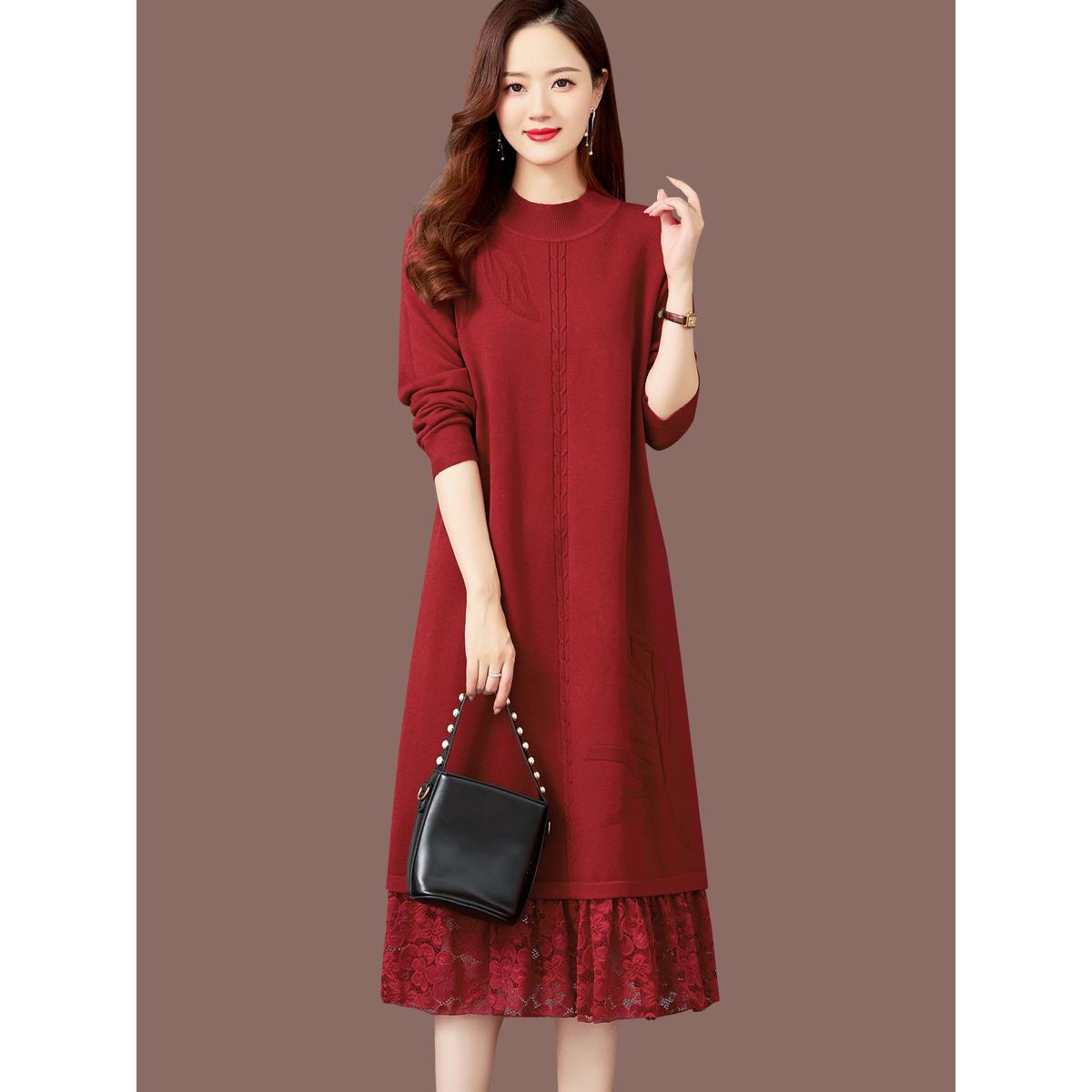 打底羊毛针织连衣裙女秋冬2025新款过膝长款蕾丝毛衣裙内搭