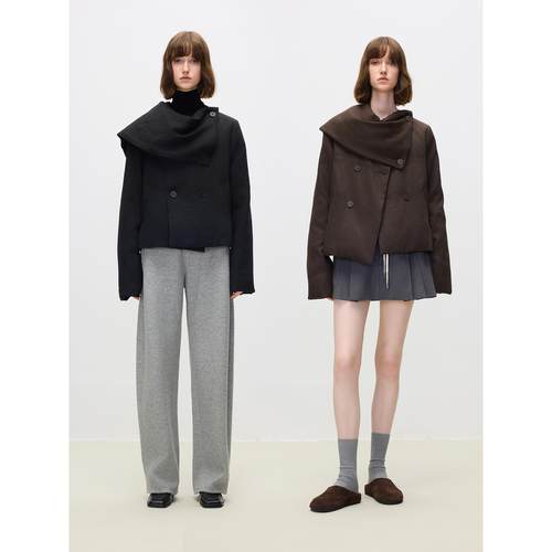 蝶之河 DU家定制强捻乱麻肌理感90大朵白鹅绒双排扣围巾短羽绒服