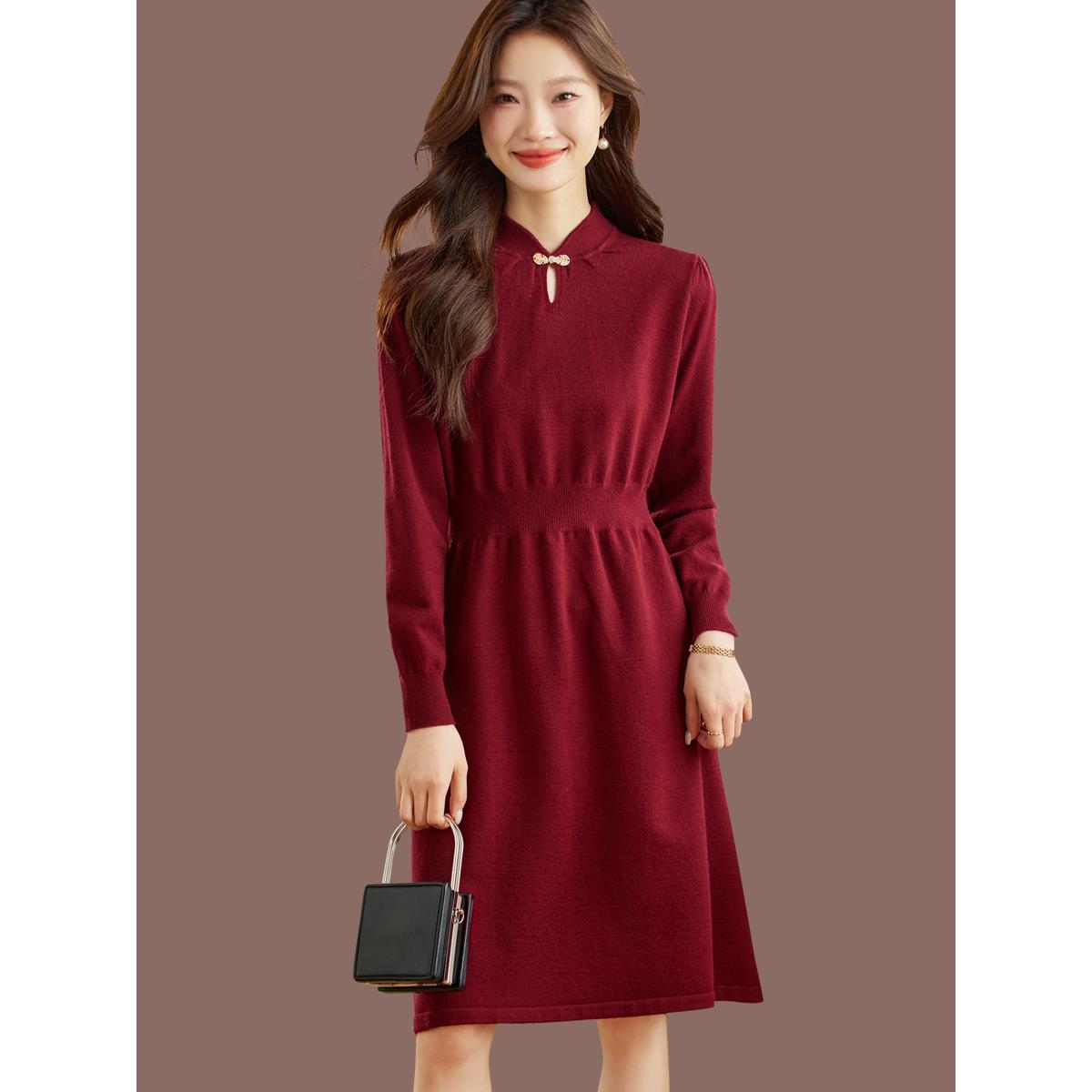 中式国风毛衣裙女秋冬内搭打底中长款羊毛针织连衣裙配大衣