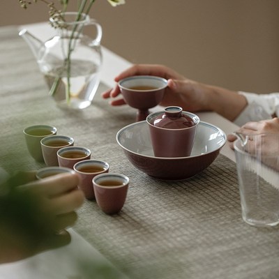 夏禾茶具豇豆红茶红色小号盖碗泡茶器薄胎手绘双线青花泡茶碗茶杯