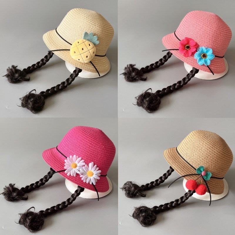 儿童遮阳帽子女童夏天草帽宝宝防晒沙滩帽太阳渔夫假发辫子凉帽