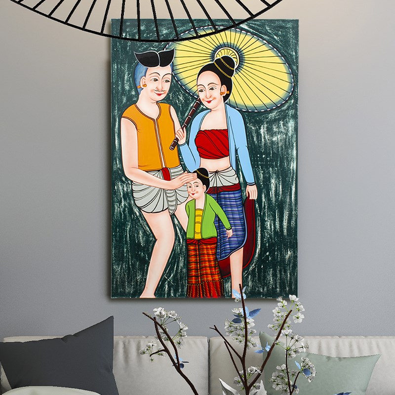 玄关墙面装饰画一家三口美容院大厅壁画泰国墙饰客厅背景墙挂饰图片