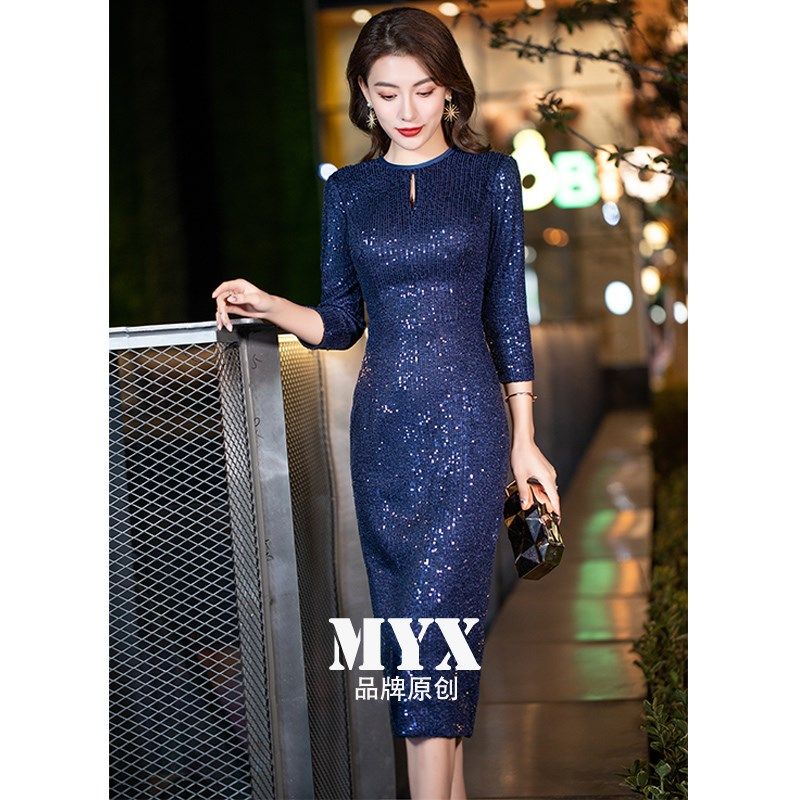 宴会晚礼服女2024新款高贵气质轻奢主持人鱼尾亮片连衣裙正式场合