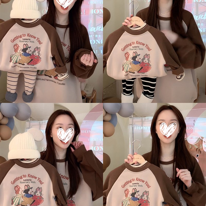 亲子装冬装一家三口四口卡通插肩袖圆领卫衣加绒加厚婴儿连体衣潮