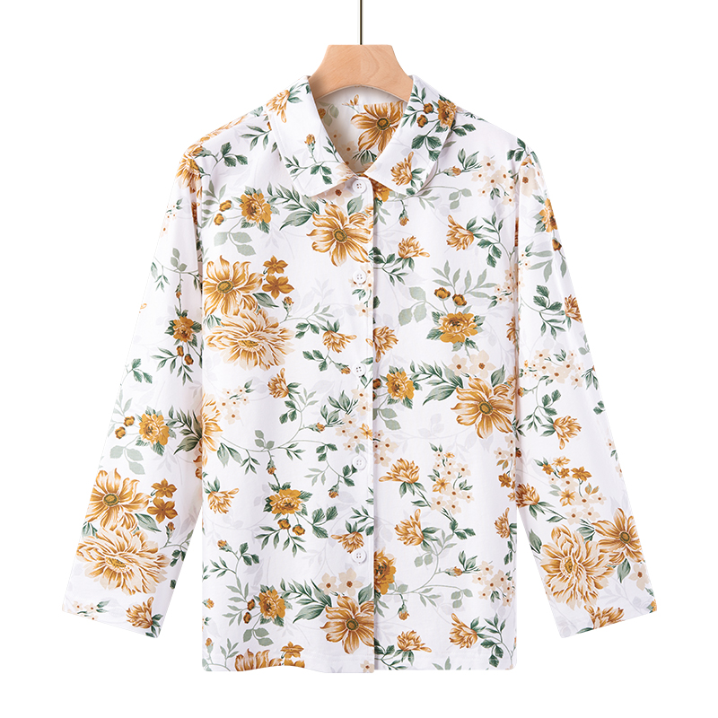 春织中老年人妈妈装翻领宽松休闲纯棉长袖衬衫女装老人春秋上衣