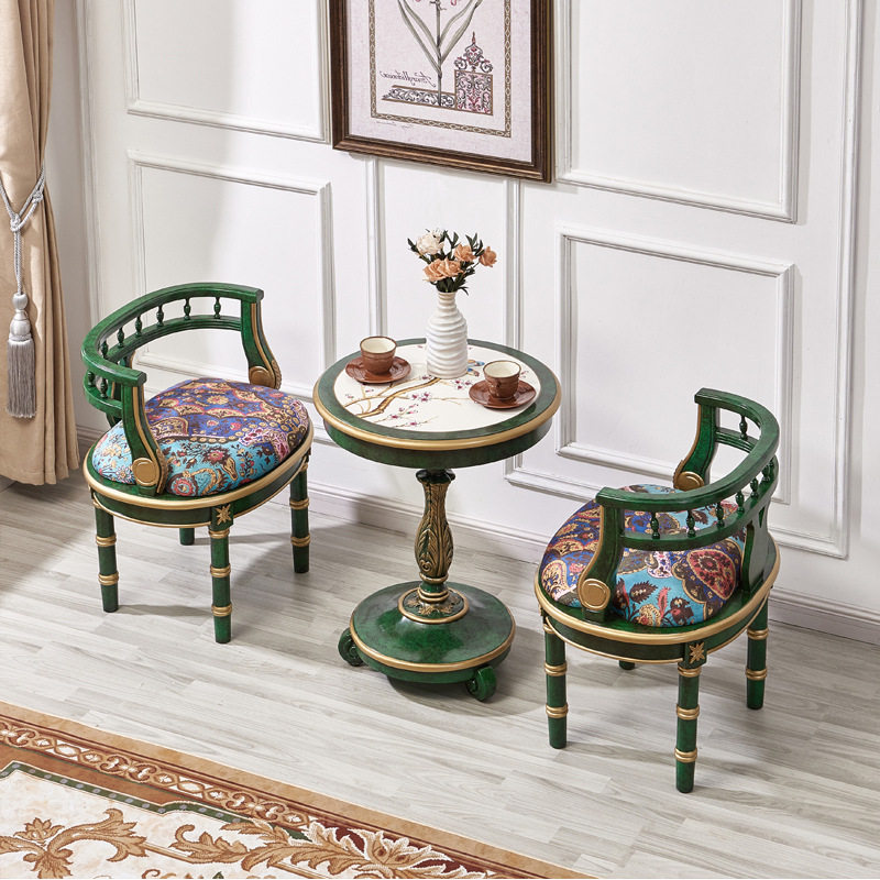 美式沙发椅圆几休闲茶桌阳台一桌两椅组合金色祖母绿复古彩绘家俱