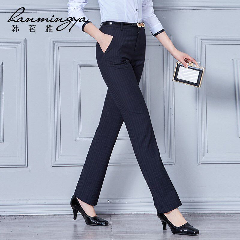 直筒正装工作裤女修身显瘦松紧腰大码职业条纹西裤女ol工装长裤春