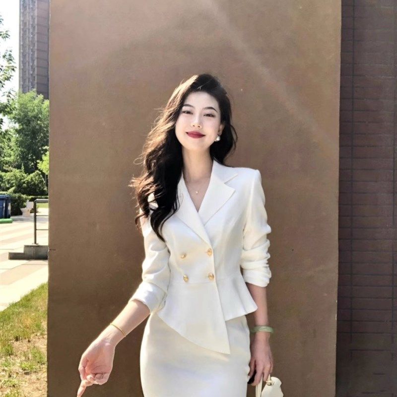 白色高级感西装套装裙夏季短袖职业正装气质女神范半身裙两件套女