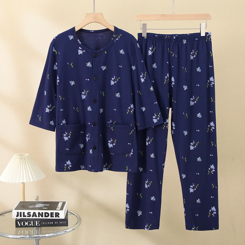 七分袖中老年纯棉薄款睡衣女套装宽松大码全棉老人女士夏季家居服