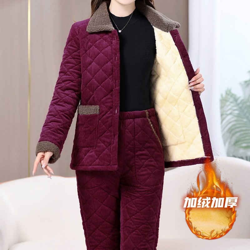 冬季新款加绒加厚套装女中年妈妈装时尚保暖灯芯绒棉衣棉裤两件套