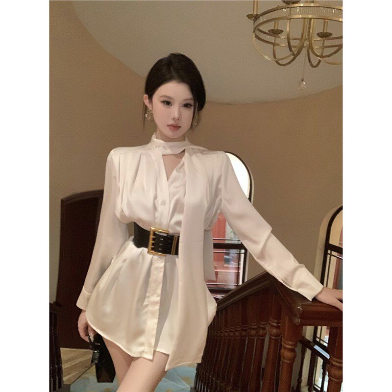 白色缎面衬衫连衣裙女秋季高级感长袖裙子御姐风气质收腰a字短裙