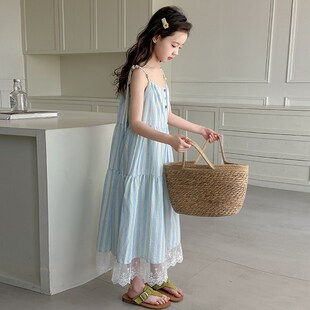 女童蓝色条纹连衣裙夏季2025新款中大童法式花边吊带裙透气棉布裙