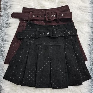 波点毛呢短裙2025秋冬新款半身裙半身裙蓝咖黑红色A字百褶裙子女