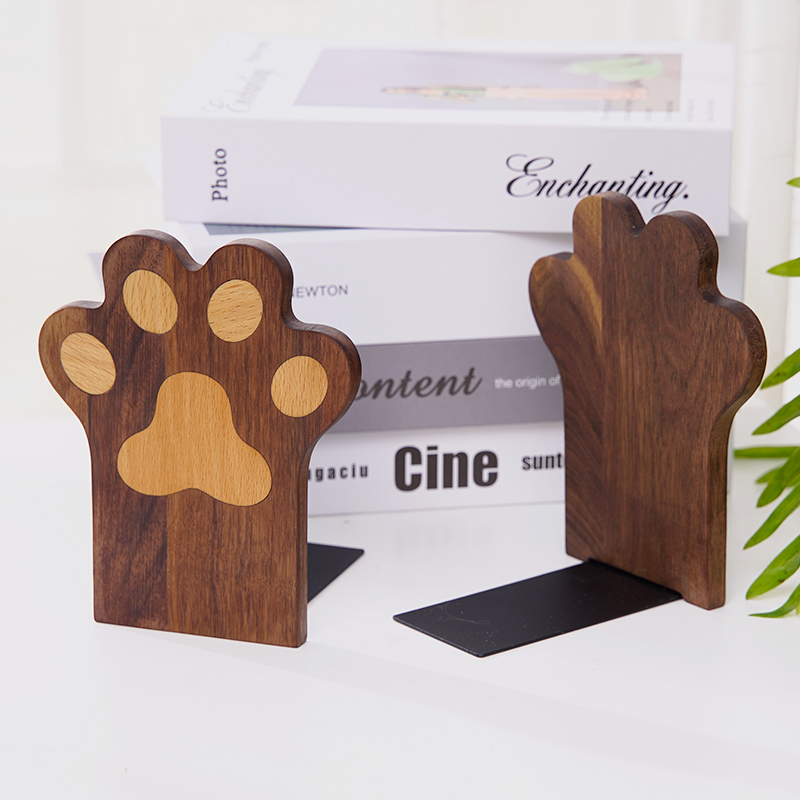 实木猫爪书立 创意黑胡桃木书档桌面书靠书夹学生用可爱书架书撑