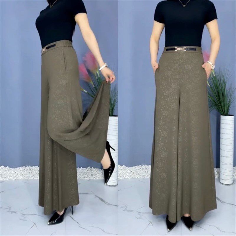 女士夏季牛奶丝裙裤妈妈高腰阔腿裤中年垂感甩裤松紧腰长裤女宽松