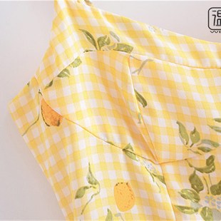 【包邮】法式复古黄色柠檬碎花收腰显瘦荷叶边吊带连衣裙度假短裙