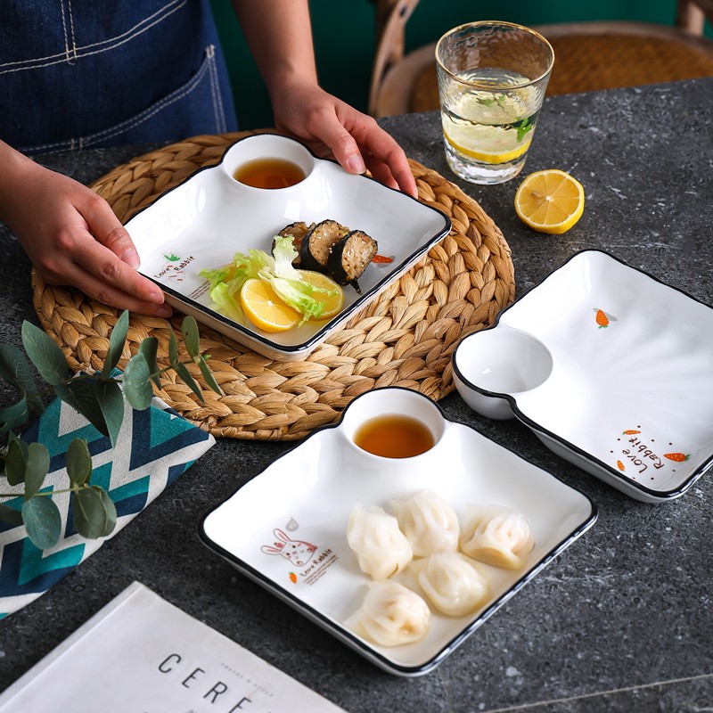 方形饺子盘子带醋蘸料碟个性家用餐具网红早餐盘创意分格薯条碟子