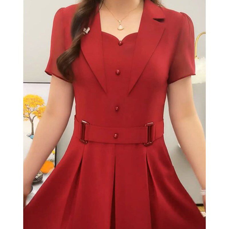 时尚短袖连衣裙女2024夏季新款气质名媛妈妈收腰显瘦西装领长裙子