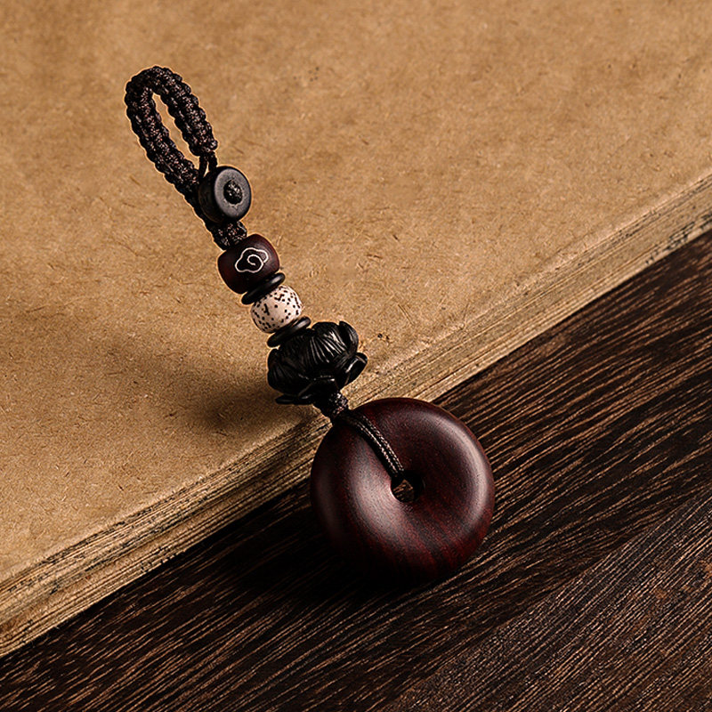 高档紫檀木平安扣汽车钥匙扣挂件男女个性创意手工绳坠链精致饰品