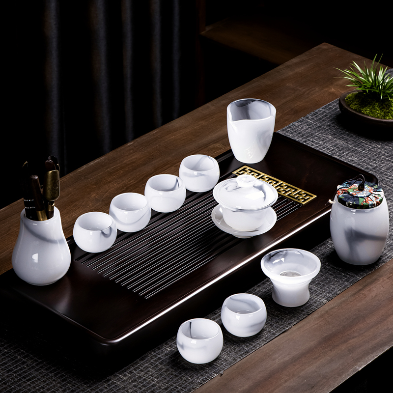 玉瓷琉璃茶具套装玻璃办公室会客白玉功夫茶杯家用盖碗送礼盒高档