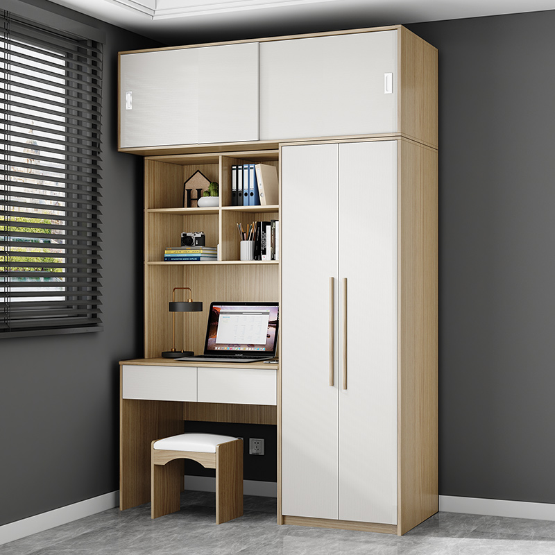 新中式儿童学习办公桌一体连身书桌柜电脑桌带衣柜加书柜书架组合
