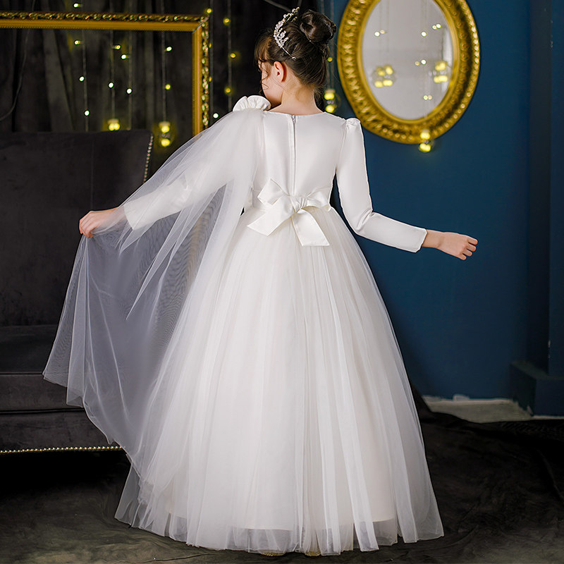 春秋冬儿童婚纱裙子花童公主裙女童白色连衣裙蓬蓬中大童演出礼服