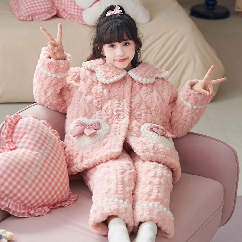 女童睡衣2024秋冬款儿童冬季珊瑚绒三层夹棉家居服加厚女孩法兰绒