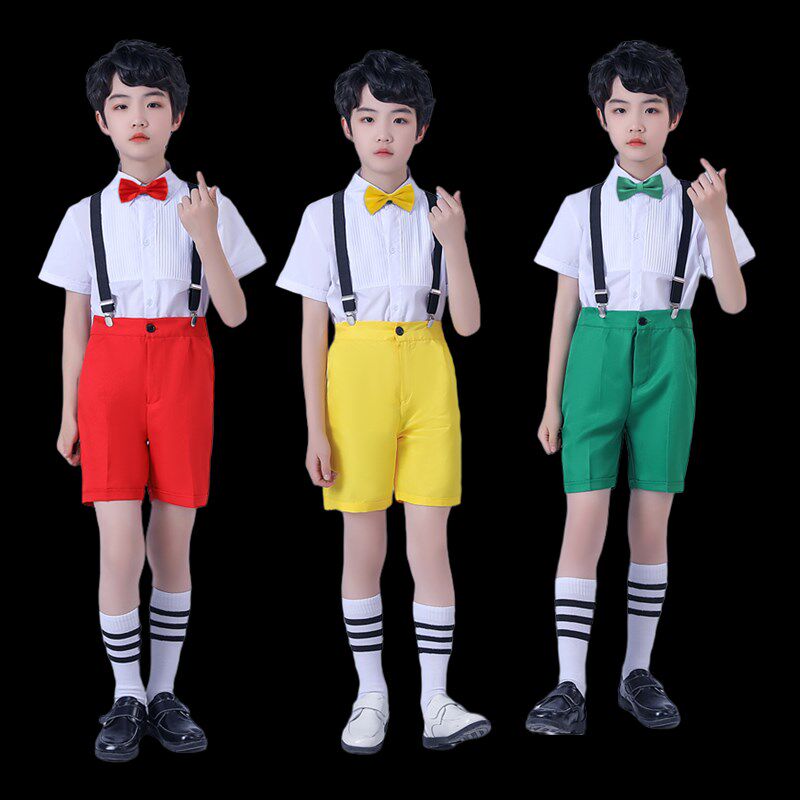 新款男童背带衬衫套装黄色蓝色绿色背带裤六一幼儿小男生演出礼服