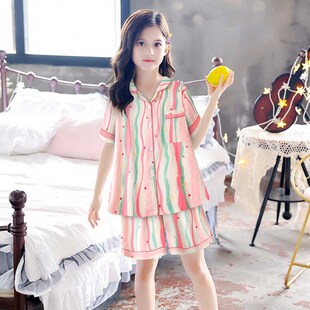 甜美网红风女童家居服套装西瓜皮粉色条纹夏天薄款梭织棉短袖套装
