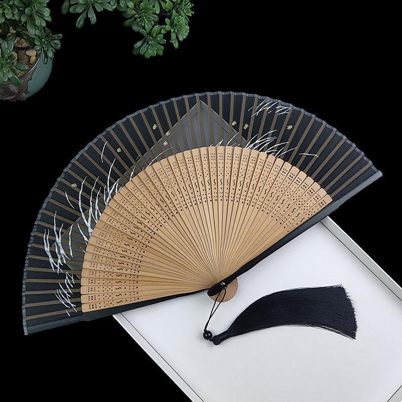扇子中国风折扇古风汉服旗袍黑色透明真丝绡夏季随身便携小折叠扇