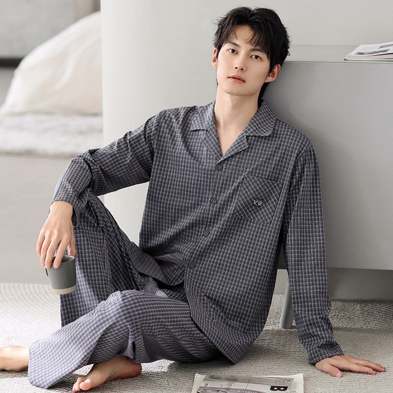 睡衣男士春秋款纯棉长袖男款秋季大码开衫薄款夏季男式秋款家居服