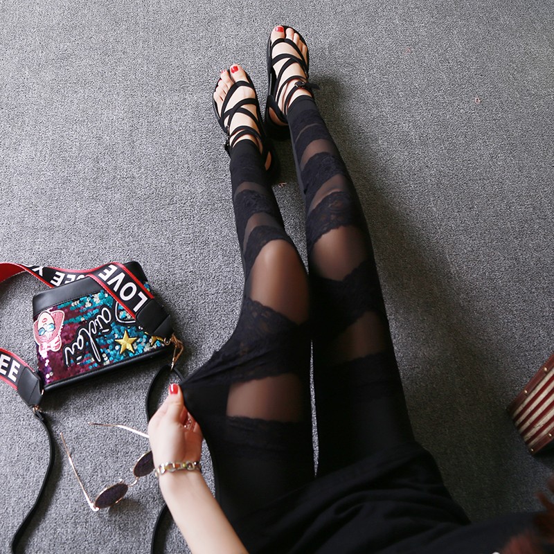 蕾丝加绒打底裤女秋冬假透肉网纱拼接紧身时尚黑色显瘦外穿九分裤