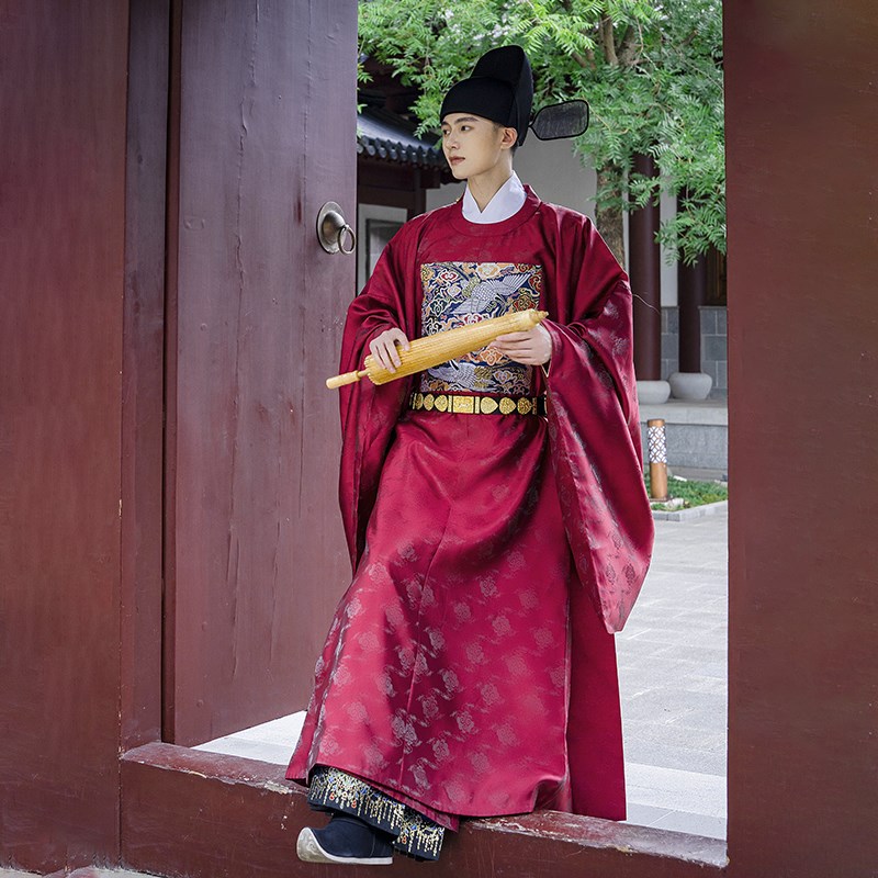 2024新绯红汉服明制男女鹤文官官服圆领袍喜庆补服司仪中式婚服