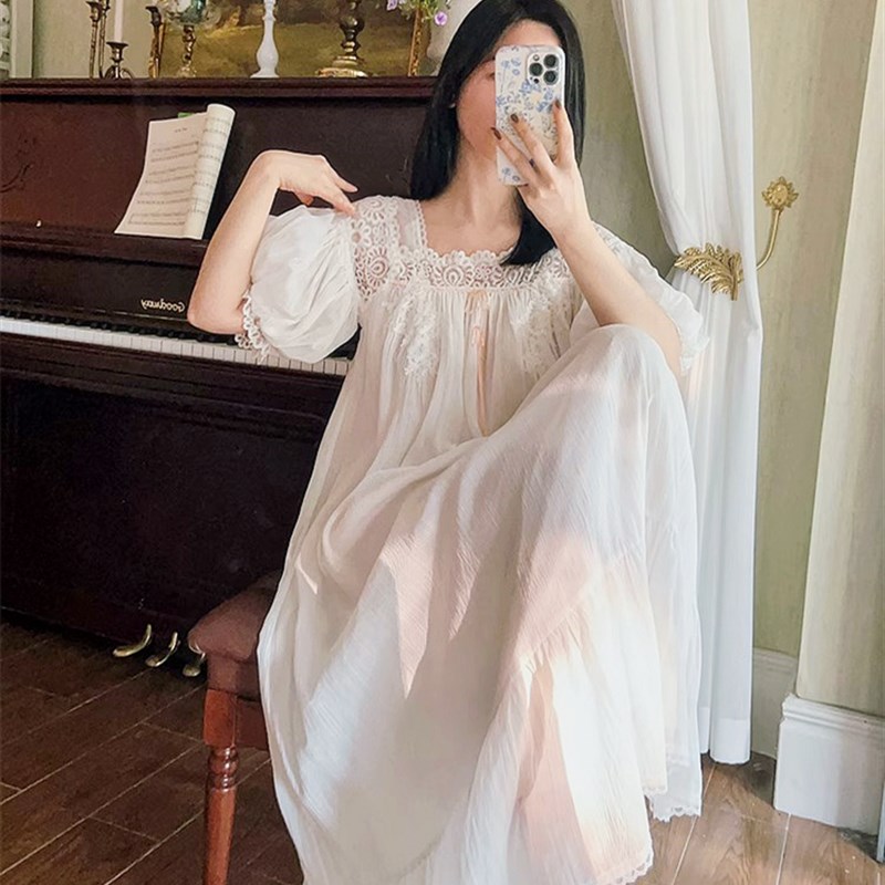 2024年新款宫廷风短袖睡裙女夏季纯棉公主风甜美薄款睡衣长裙家居