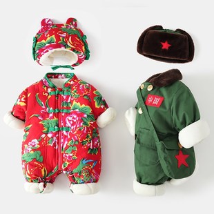 婴儿衣服冬装加绒保暖军装满月宝宝小红军连体棉衣周岁军大衣爬服