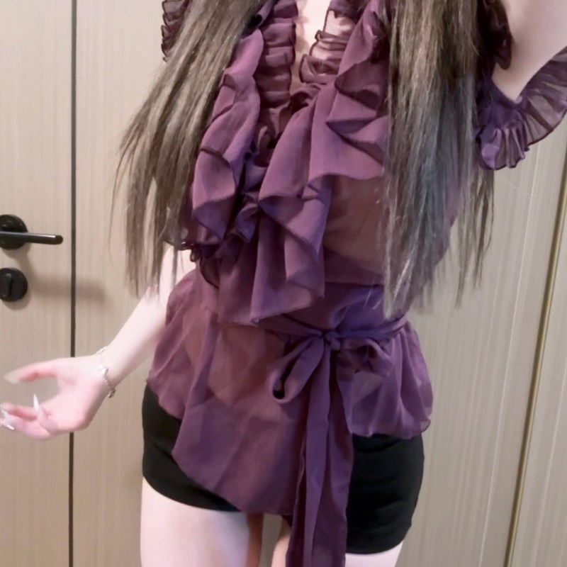 *紫定能火*超薄若隐若现显肤白紫色百褶荷叶边雪纺面料绑带上衣