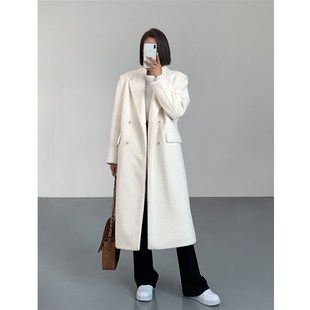 ousph白色过膝中长款毛呢外套女夹棉加厚冬高级感西装领呢子大衣